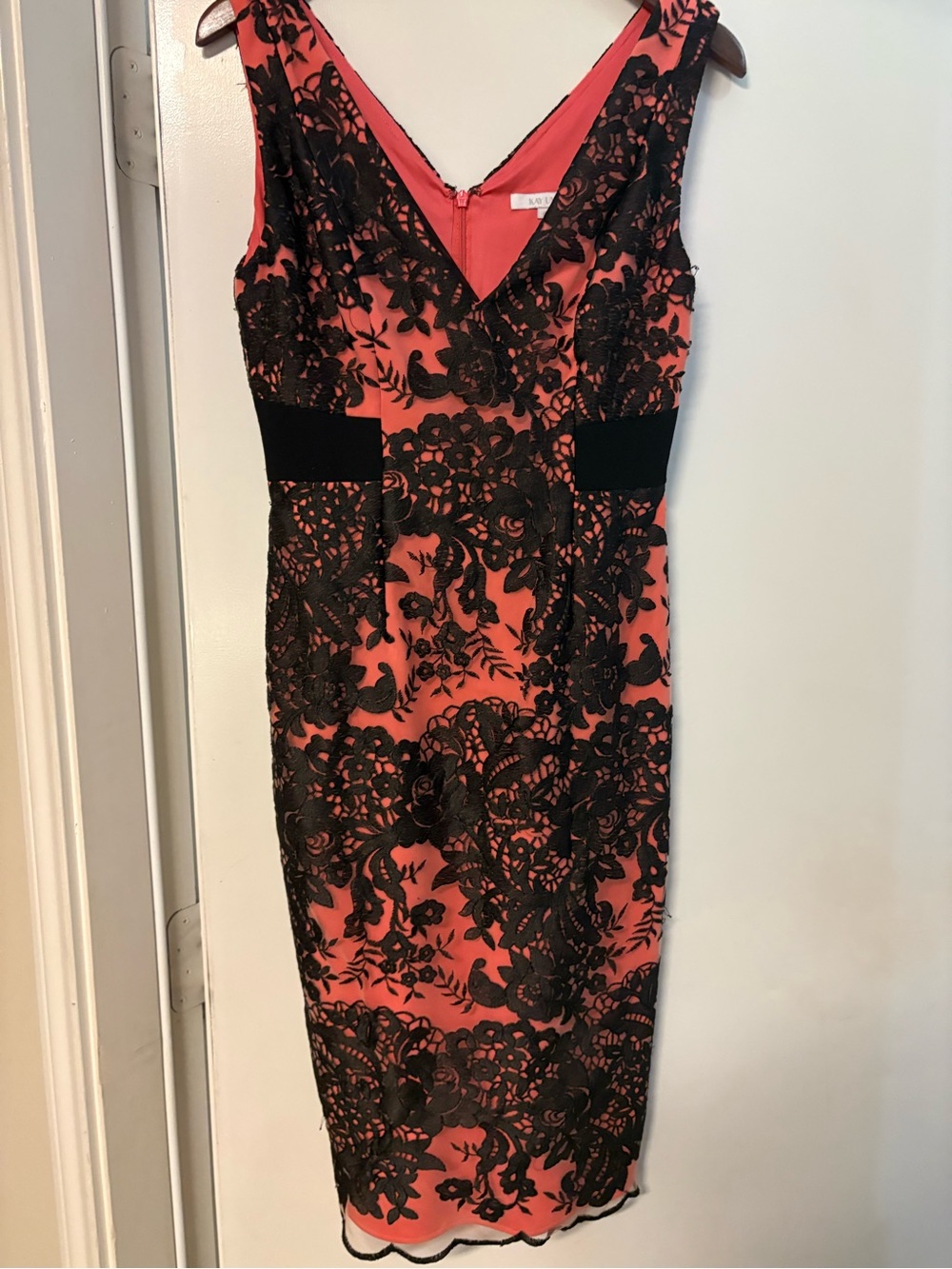 Kay Unger Coral Sheath with Black Lace Overlay